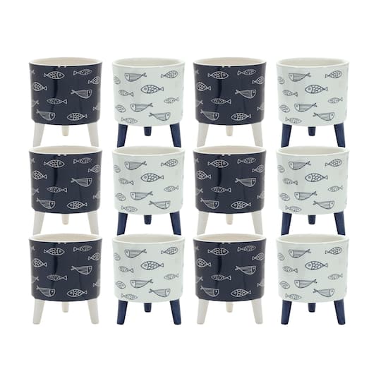 6" Coastal Fish Pattern Planters with Legs Set By Melrose in Blue/White | 5" x 5" x 6" | Michaels®